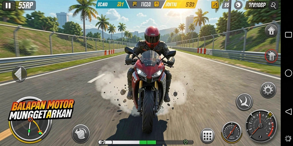 Screenshot menampilkan balapan motor yang seru dan mendebarkan.