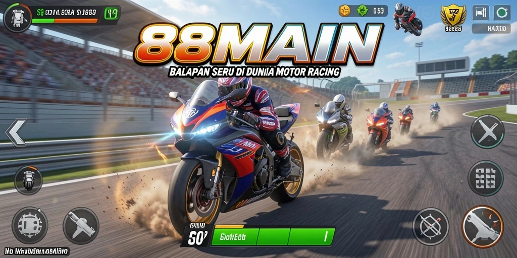 Tampilan gameplay 88MAIN yang menegangkan dalam balapan motor.