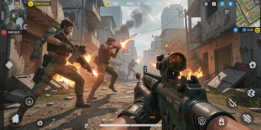 Screenshot menampilkan pertempuran seru dalam game FPS AA62.