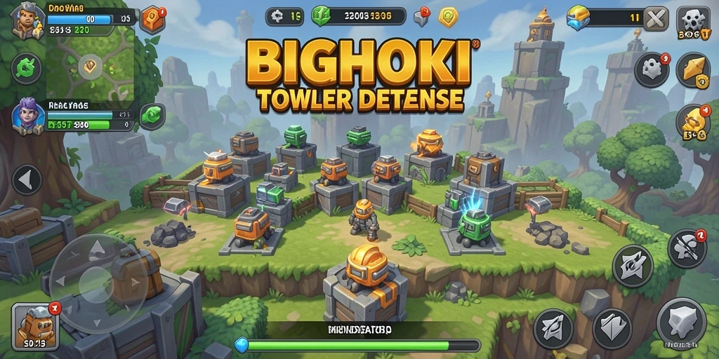 Screenshot gameplay Tower Defense BIGHOKI menampilkan strategi pertahanan yang intens.