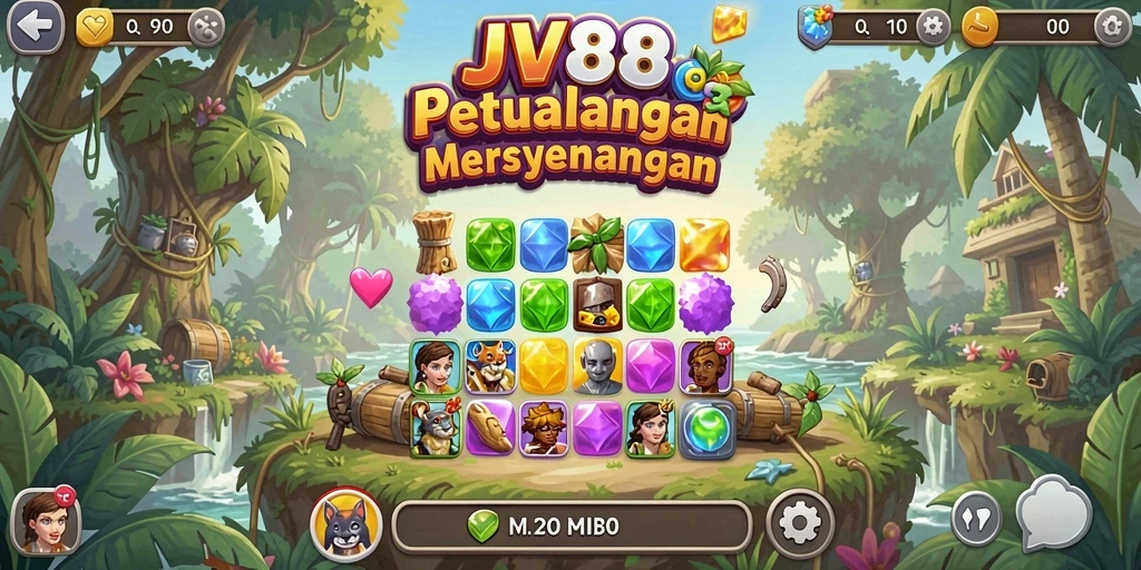 Tangkapan layar JV88 menampilkan aksi permainan Match-3 yang penuh warna.