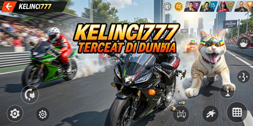 Tampilan gameplay mendebarkan di KELINCI777, menunjukkan balapan motor yang cepat.