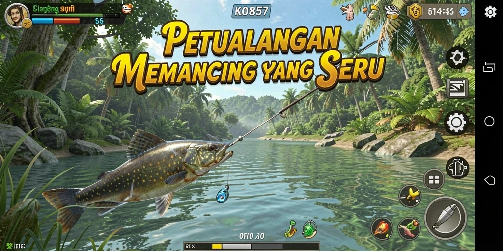 Screenshot gameplay KO857 menampilkan momen mendapatkan ikan besar.