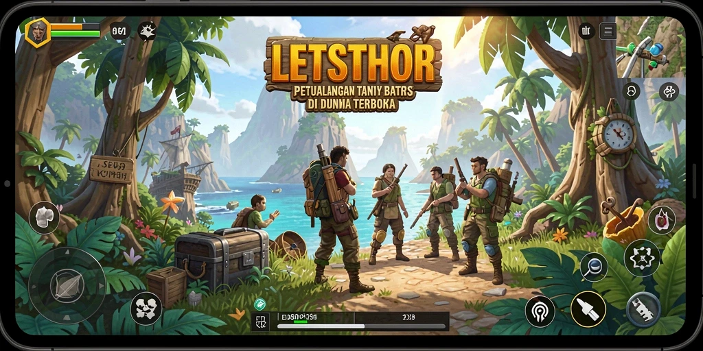 Tangkapan layar dari gameplay LETSTHOR yang menampilkan petualangan di dunia terbuka.