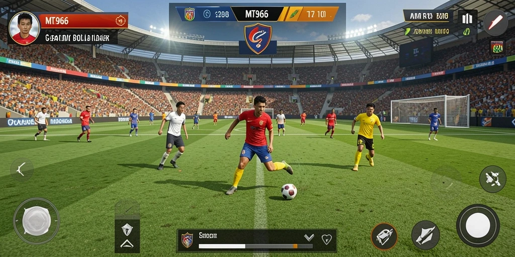 Tampilan gameplay MT966 yang seru dan mendebarkan saat pertandingan sepak bola.