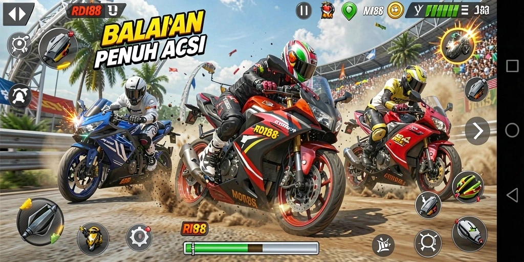 Screenshot RDI88 menampilkan aksi balapan motor yang mendebarkan.