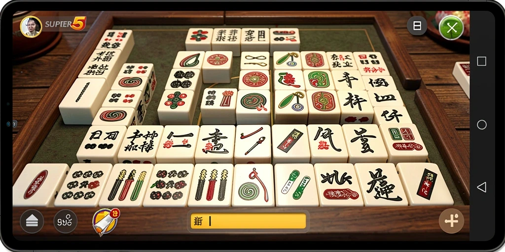 Tampilan gameplay menarik dari SUPER5 dengan berbagai level Mahjong yang seru.