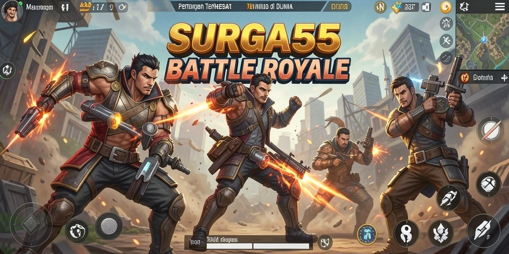 Gameplay SURGA55 yang seru dan menegangkan di arena Battle Royale.