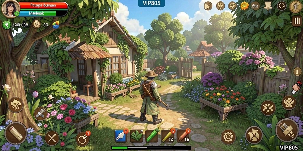 Tangkapan layar gameplay <strong>VIP805</strong> menunjukkan aktivitas berkebun yang seru.